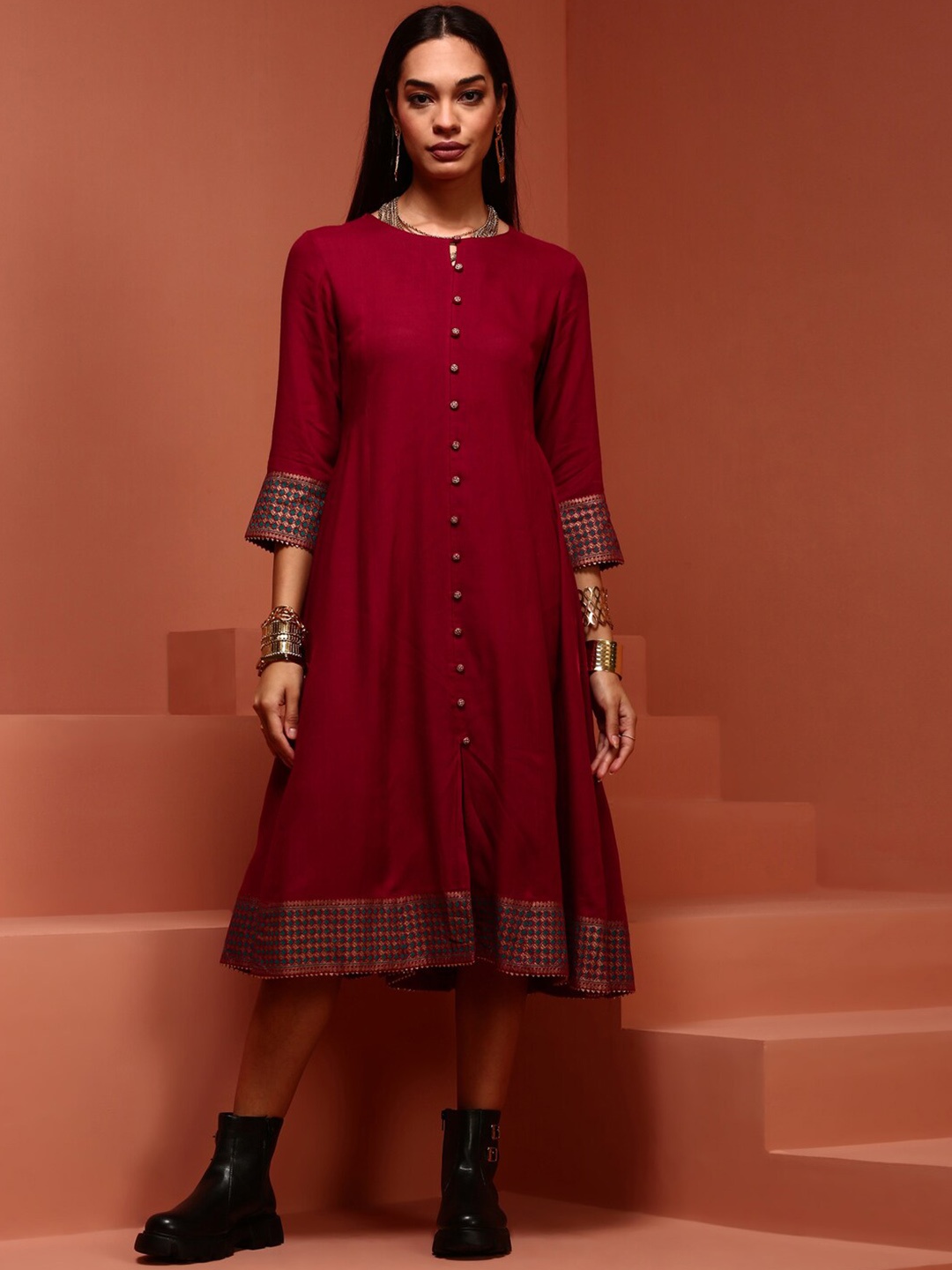 

IMARA Round Neck A-Line Ethnic Dress, Maroon