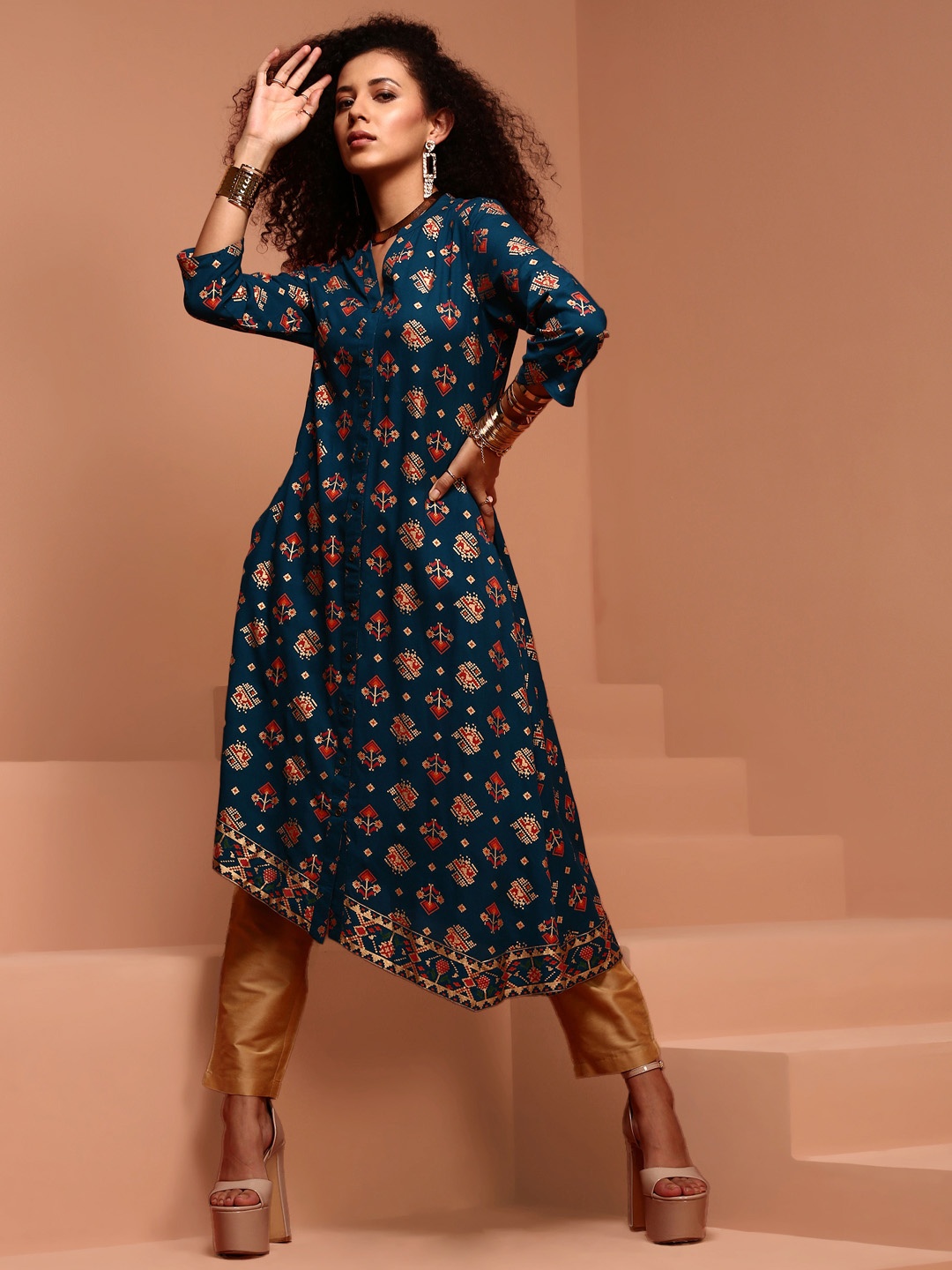 

IMARA Ethnic Motifs Printed Asymmetric A-Line Kurta, Navy blue