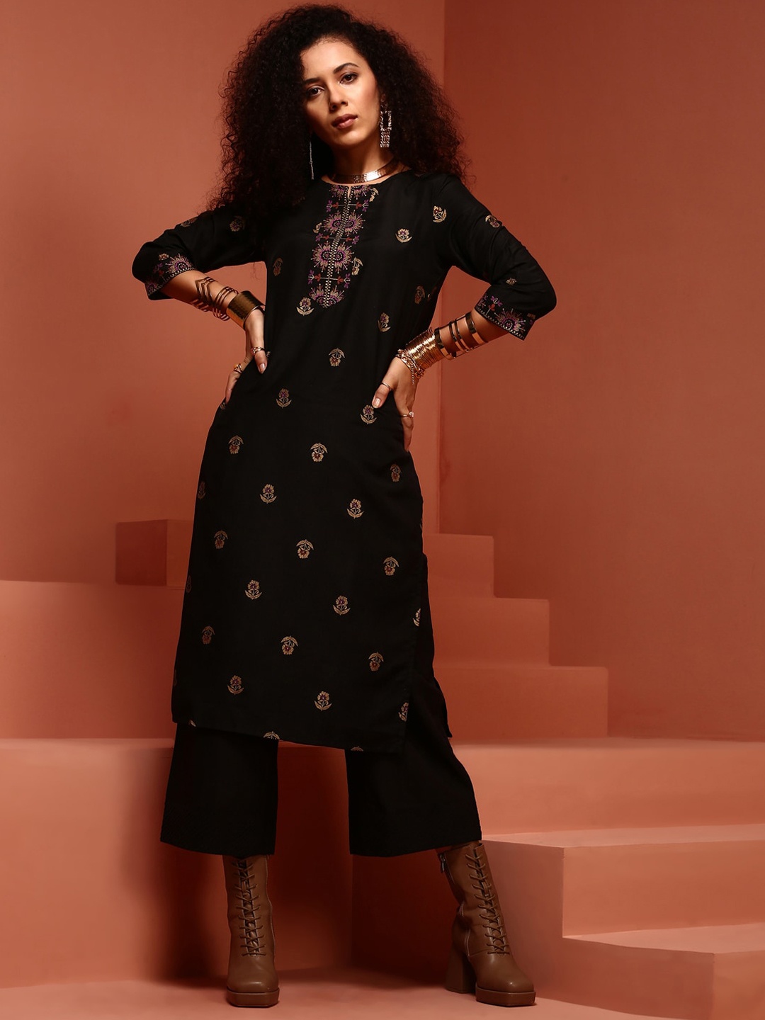 

IMARA Ethnic Motifs Printed Straight Kurta, Black