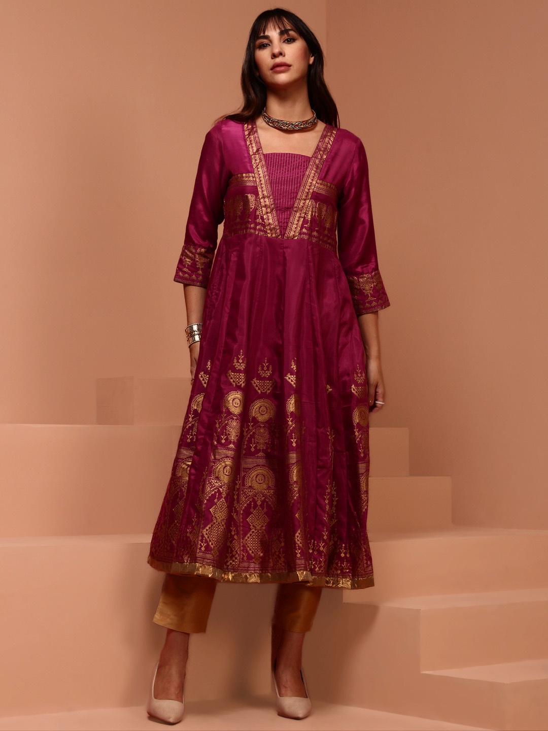 

IMARA Ethnic Motifs Woven Design Square Neck A-Line Kurta, Pink