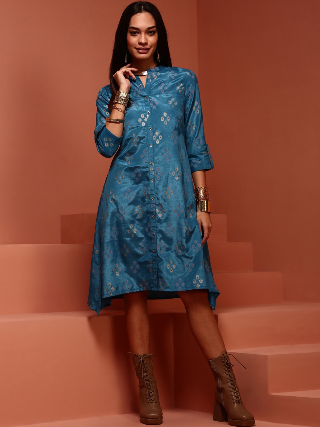 

IMARA Ethnic Motifs Printed Asymmetric A-Line Dress, Blue