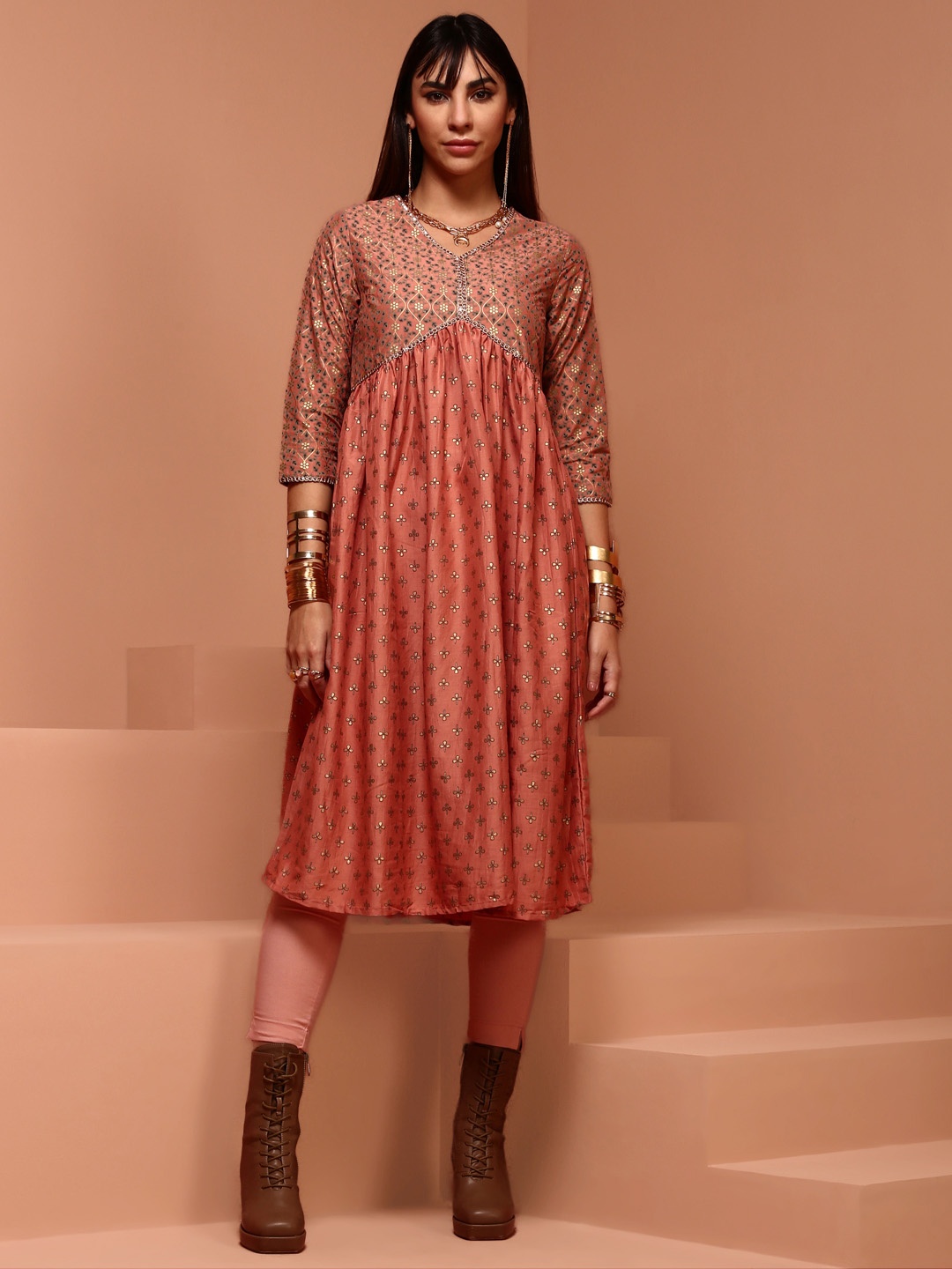 

IMARA Ethnic Motifs Printed Mirror Work Empire A-Line Kurta, Peach