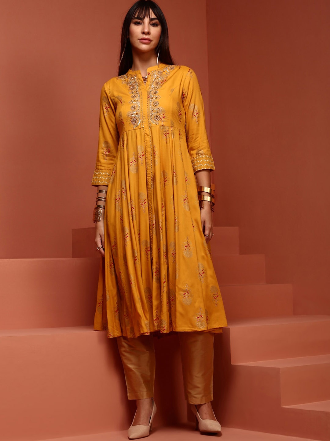 

IMARA Ethnic Motifs Embroidered Empire Kurta, Yellow