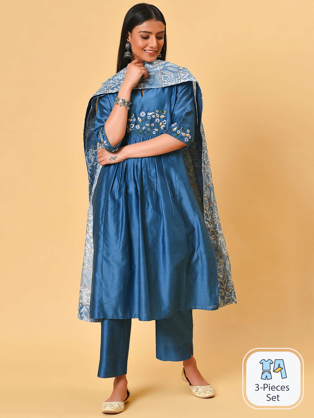 

NUHH Floral Embroidered Pleated Kurta With Trousers & Dupatta, Blue