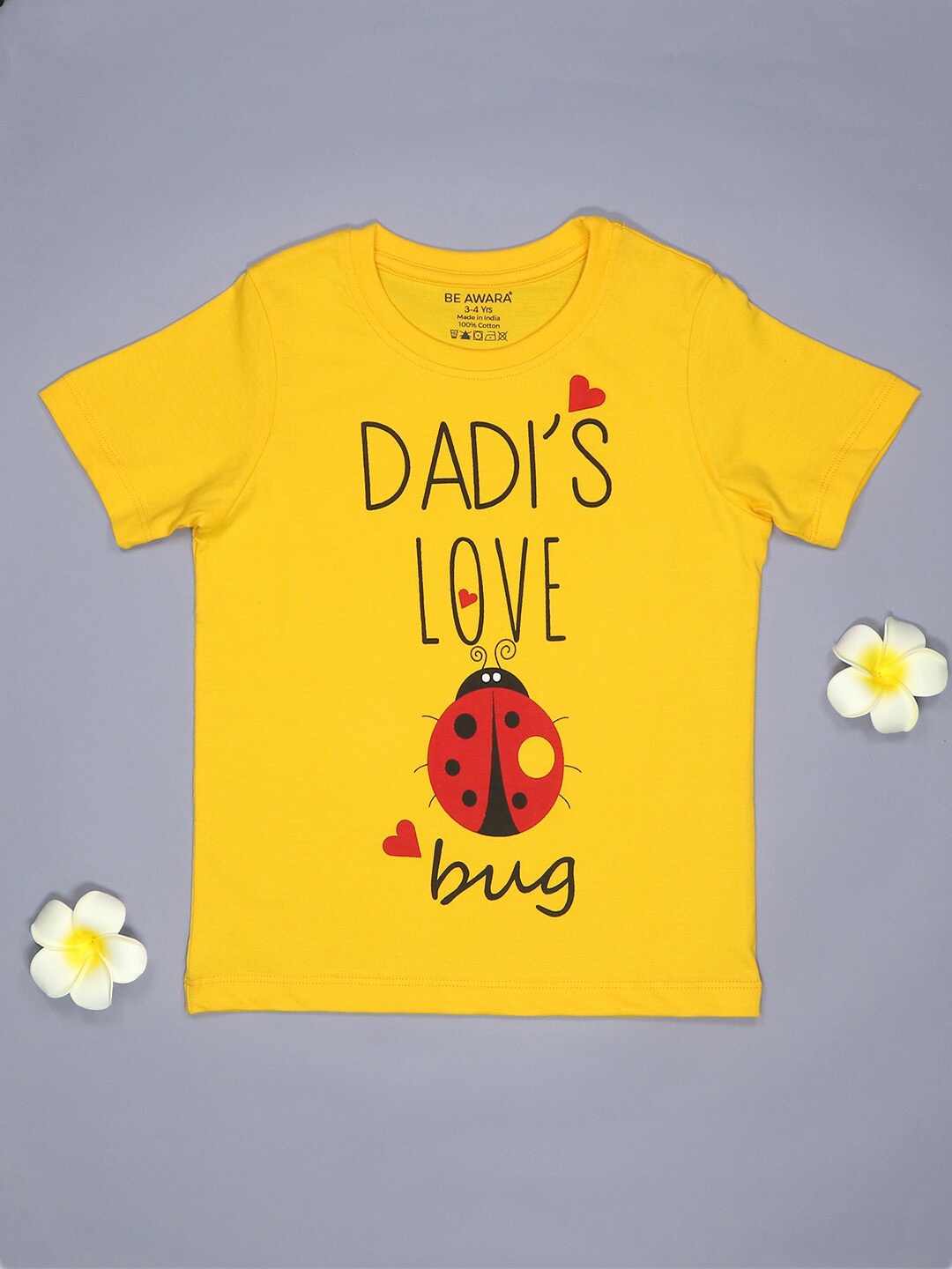 BE AWARA Kids Typography Printed Cotton T-shirt, Yellow