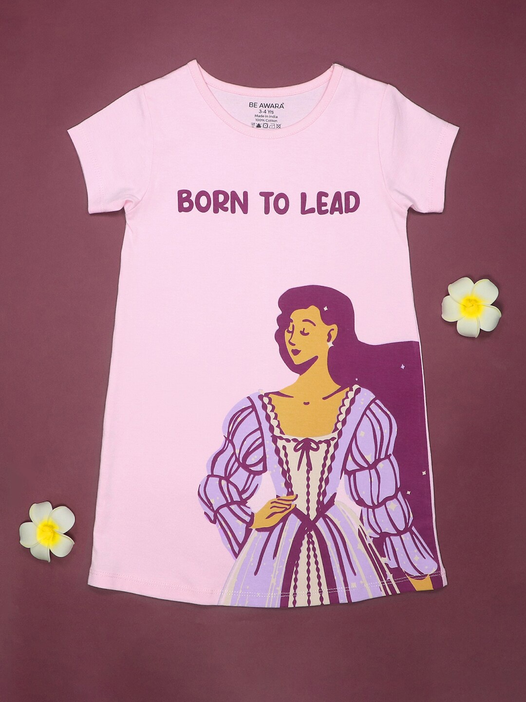 

BE AWARA Girls Graphic Printed Cotton T-shirt Dress, Pink