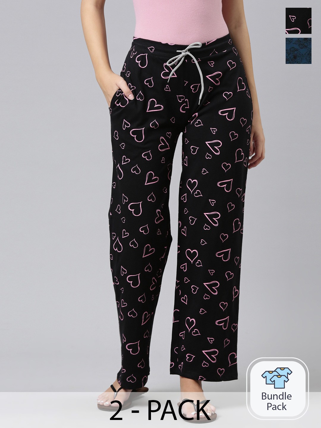 

Kryptic Women Pack Of 2 Printed Cotton Lounge Pants, Black