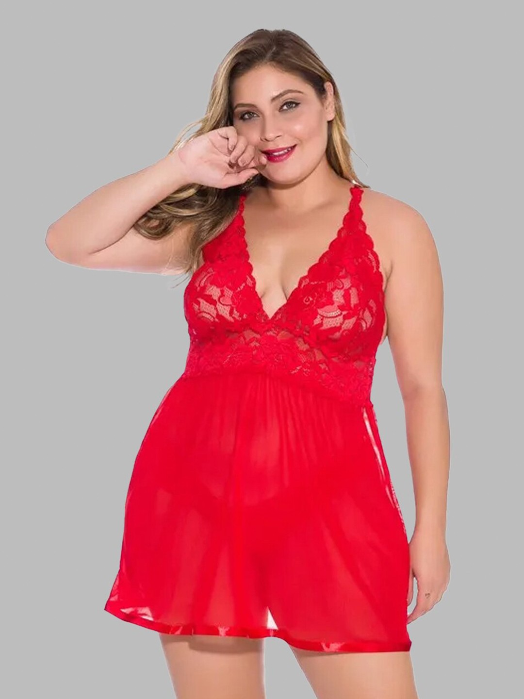 

FIMBUL Self Design V-Neck Net Baby Doll, Red