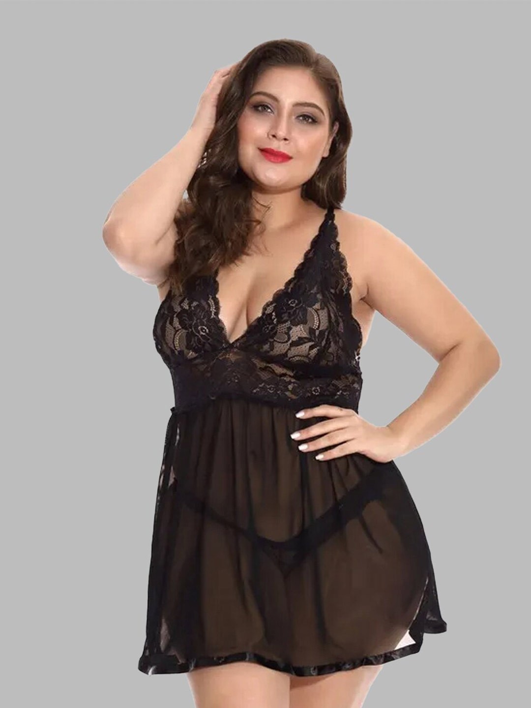 

FIMBUL Plus Size Self Design Shoulder Straps Net Baby Doll, Black