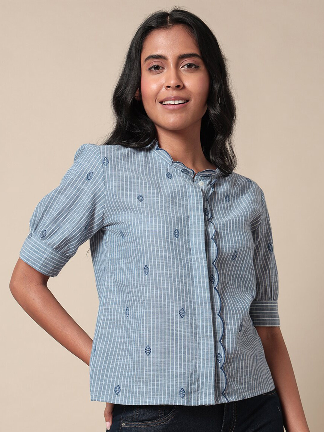 

Saaki Yarn Dyed Striped Cotton Cuffed Sleeves Shirt Style Top, Blue