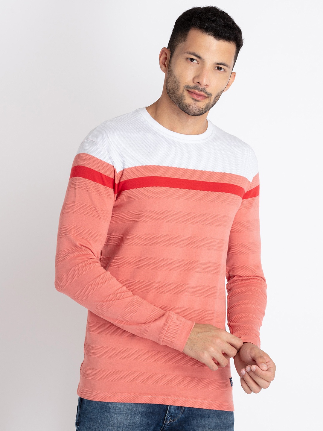 Status Quo Round Neck Striped T-Shirt, Coral