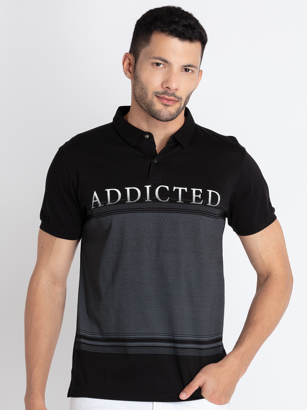 

Status Quo Typography Printed Polo Collar Pure Cotton T-shirt, Black