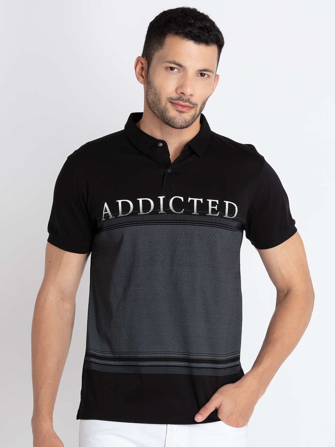 

Status Quo Typography Printed Polo Collar Pure Cotton T-Shirt, Black