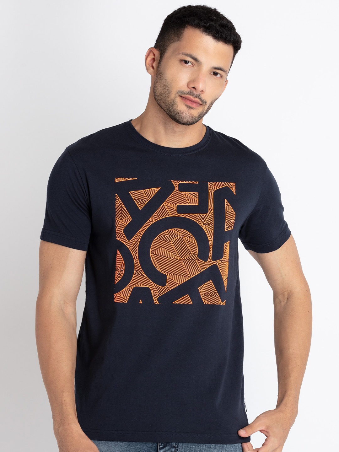 Status Quo Typography Printed Pure Cotton T-shirt, Navy blue