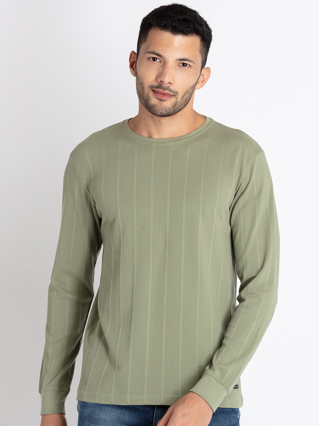 

Status Quo Striped Self Design T-Shirt, Sea green