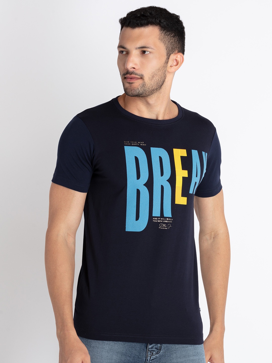 Status Quo Typography Printed Pure Cotton T-shirt, Navy blue