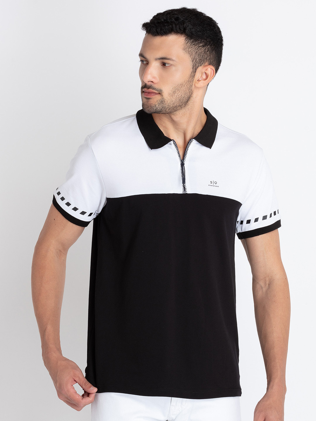 

Status Quo Colourblocked Polo Collar Cotton T-shirt, White