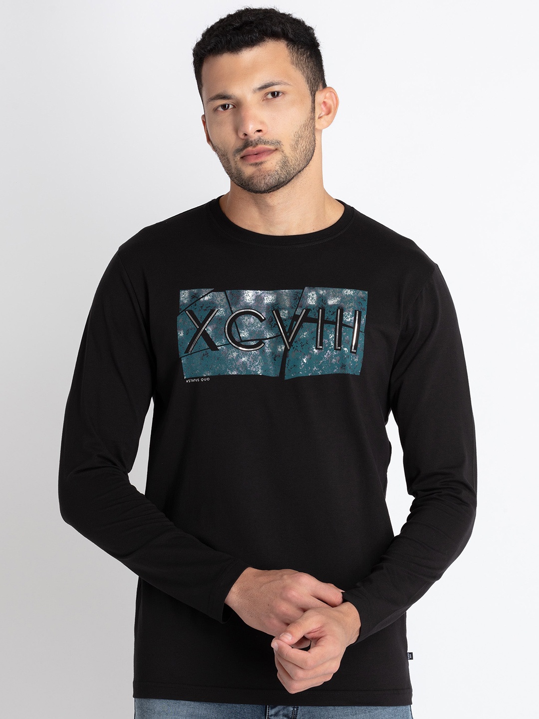 

Status Quo Typography Printed Cotton T-shirt, Black