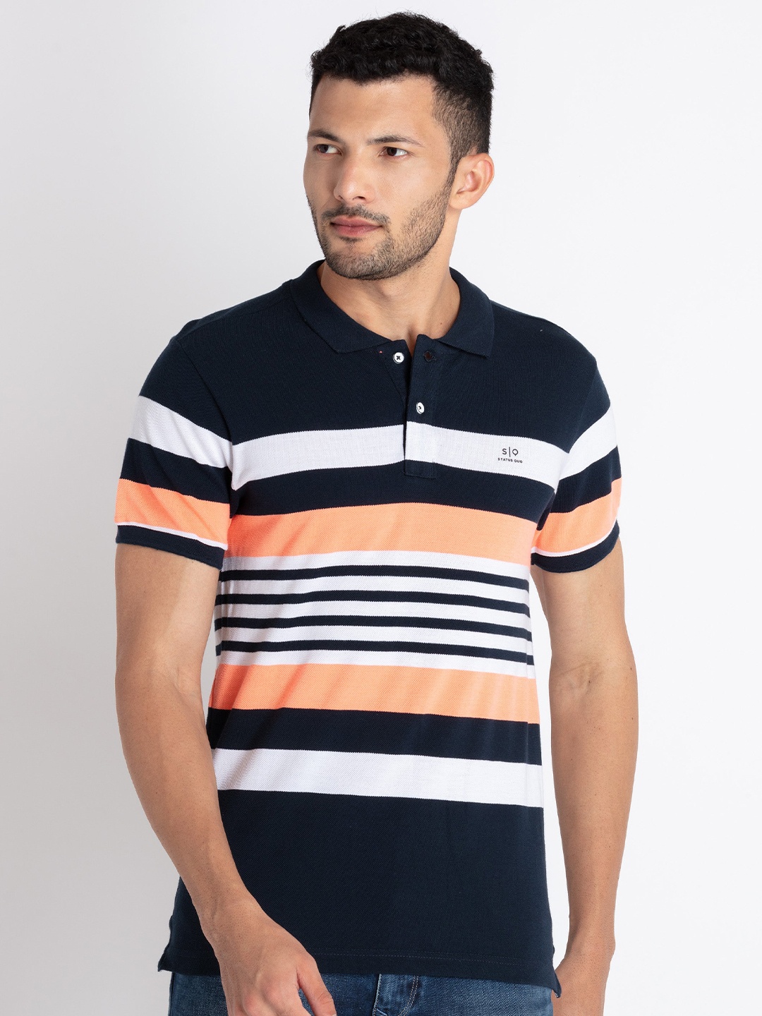 

Status Quo Striped Polo Collar Cotton T-Shirt, Navy blue