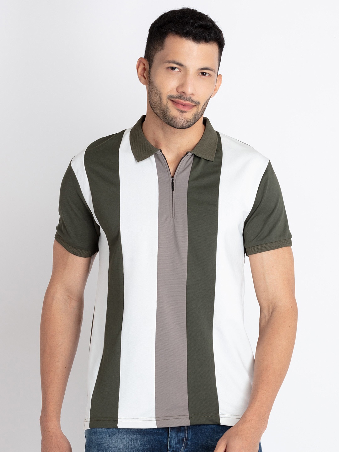 

Status Quo Striped Pure Cotton Polo Collar T-shirt, Olive
