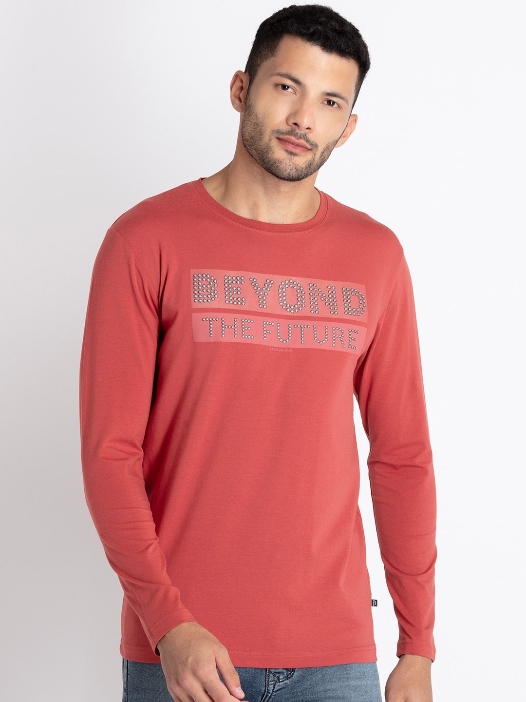 

Status Quo Typography Printed Round Neck T-shirt, Rust