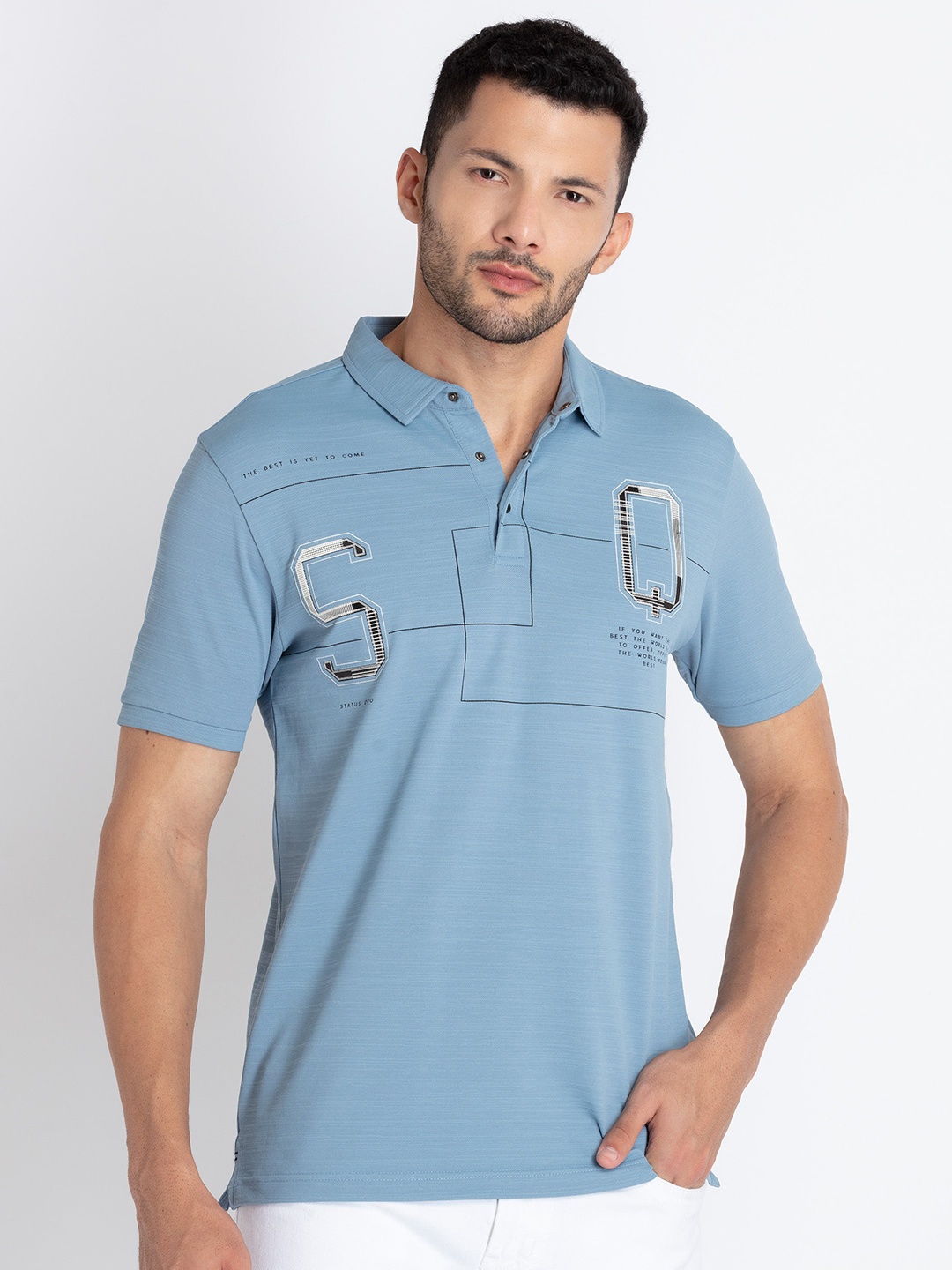 

Status Quo Typography Printed Polo Collar T-shirt, Blue