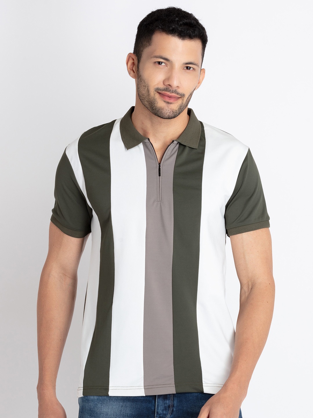 

Status Quo Striped Polo Collar Pure Cotton T-shirt, Olive