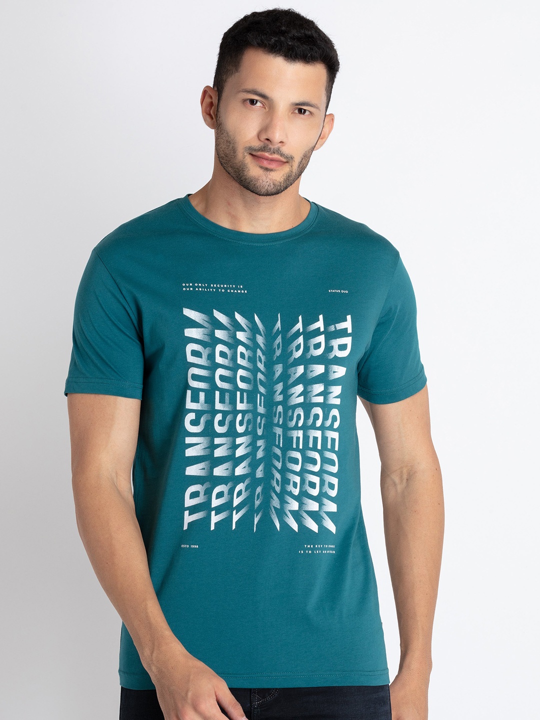 

Status Quo Typography Printed Pure Cotton T-Shirt, Teal