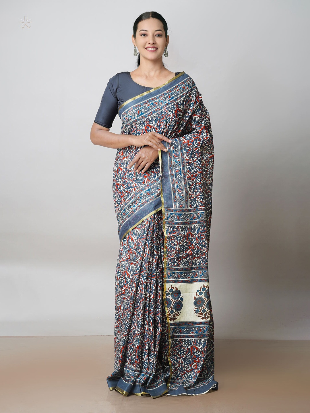 

Unnati Silks Ajrak Block Printed Zari Pure Cotton Saree, Maroon