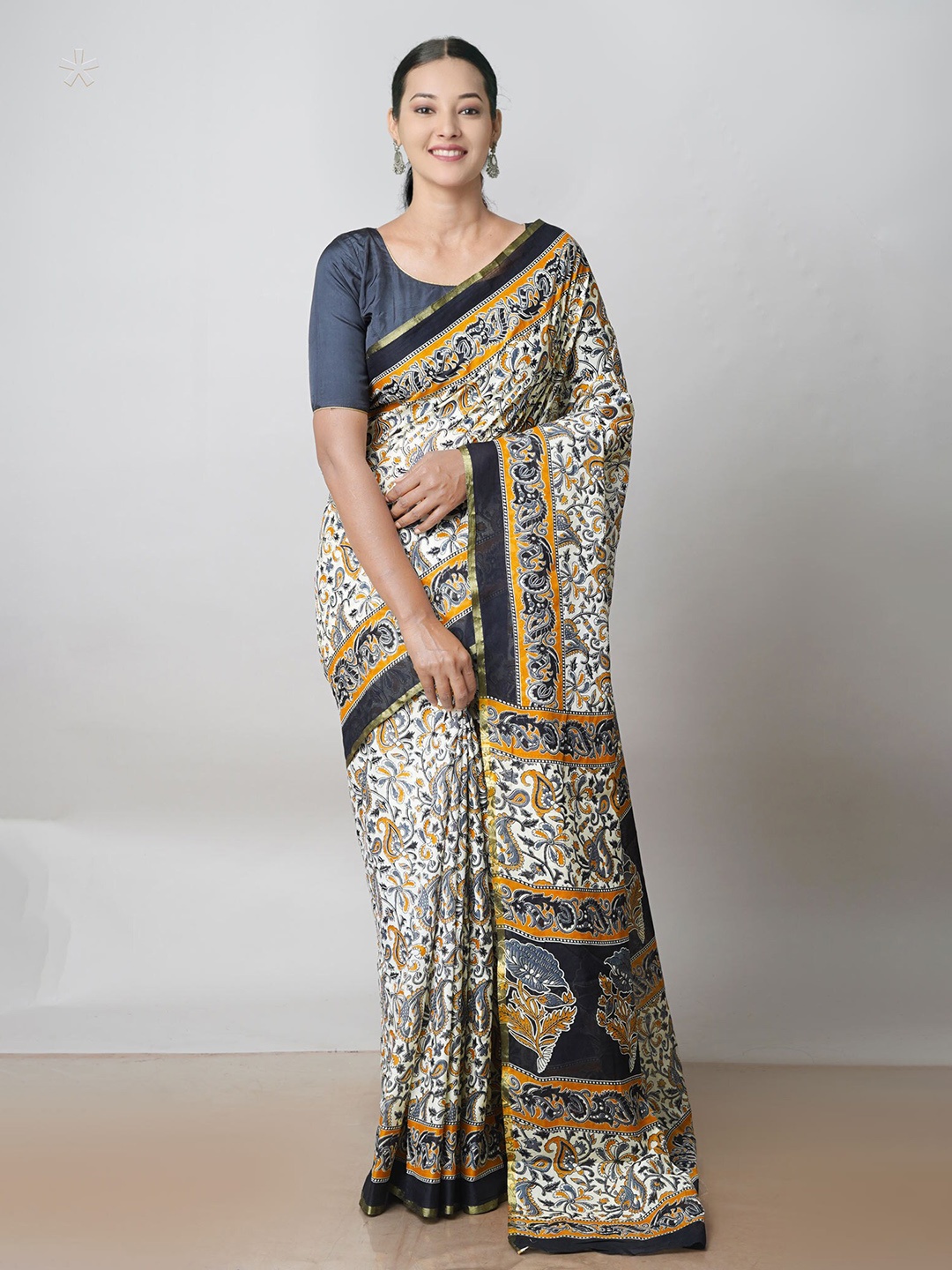 

Unnati Silks Ethnic Motifs Printed Zari Block Printed Pure Cotton Saree, White