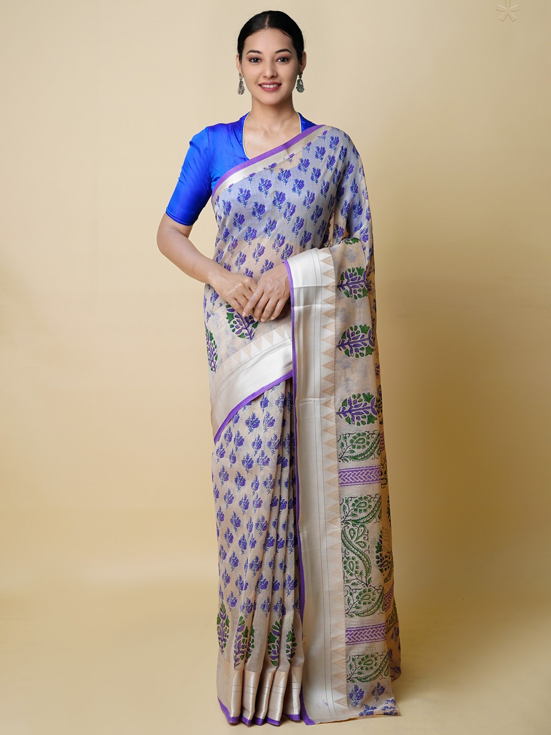 

Unnati Silks Ethnic Motifs Printed Silk Cotton Chanderi Saree, Cream