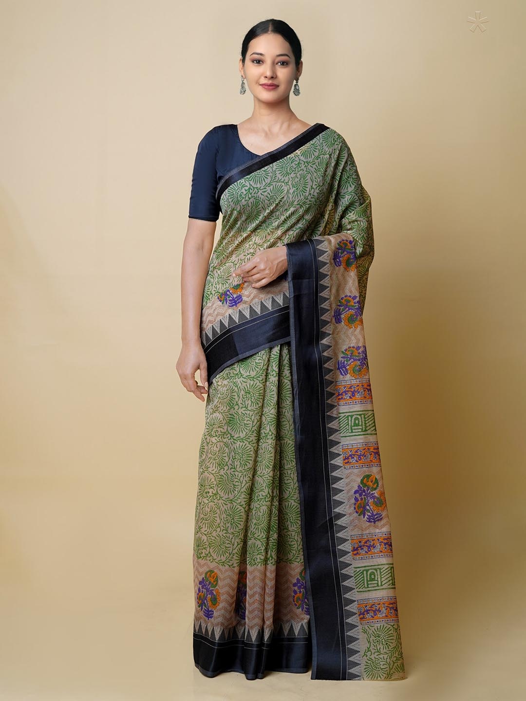 

Unnati Silks Ethnic Motifs Printed Silk Cotton Chanderi Saree, Cream