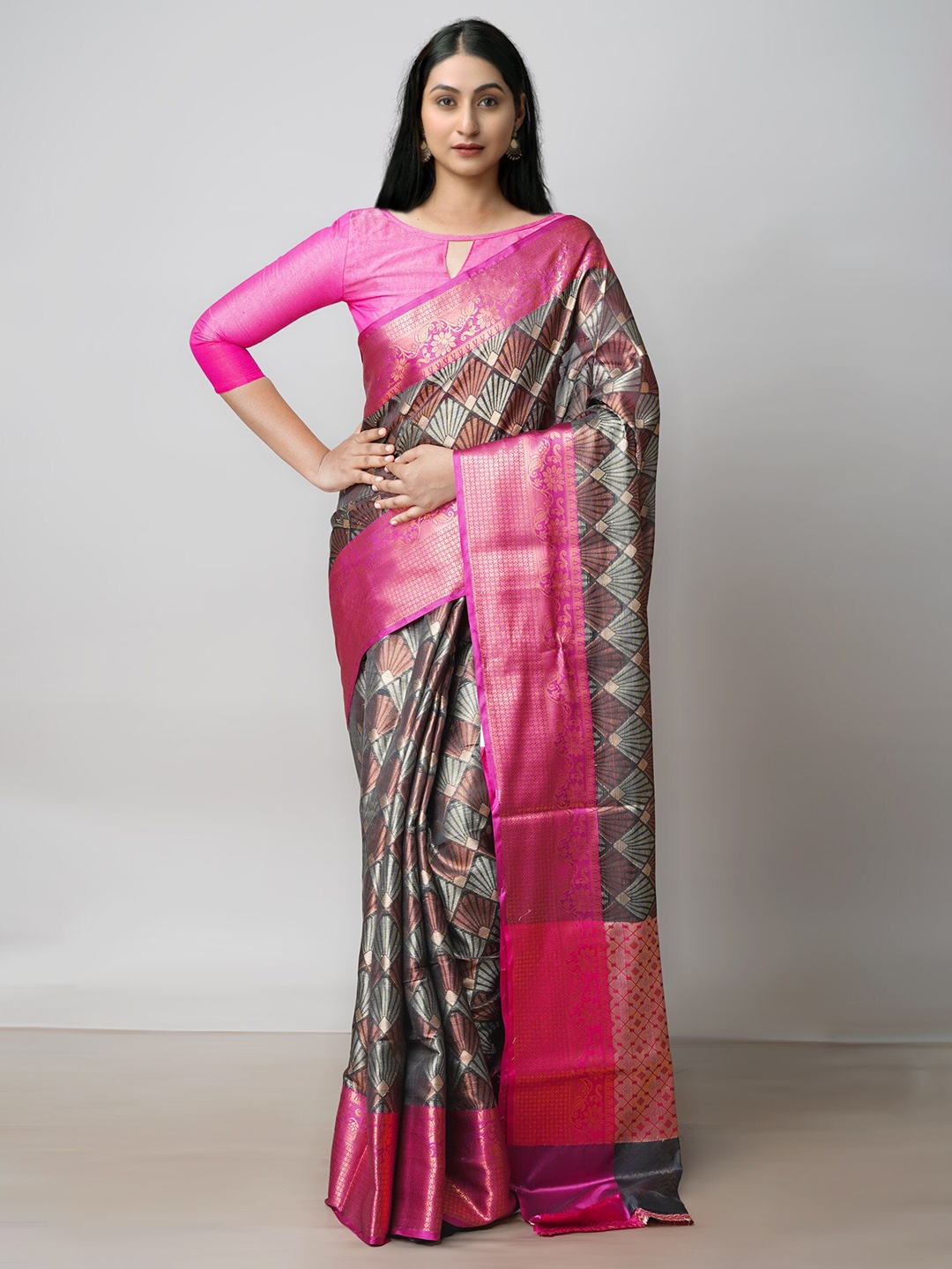 

Unnati Silks Ethnic Motifs Woven Design Zari Silk Cotton Banarasi Saree, Black