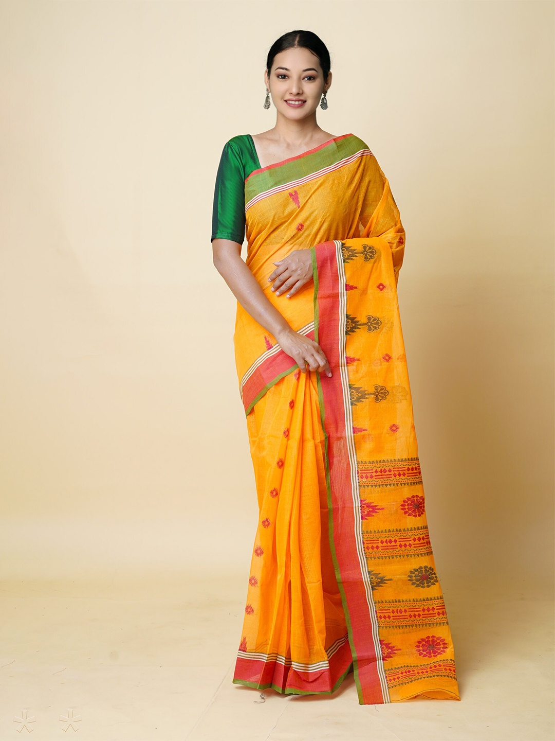 

Unnati Silks Ethnic Motifs Woven Design Pure Cotton Handloom Taant Saree, Orange
