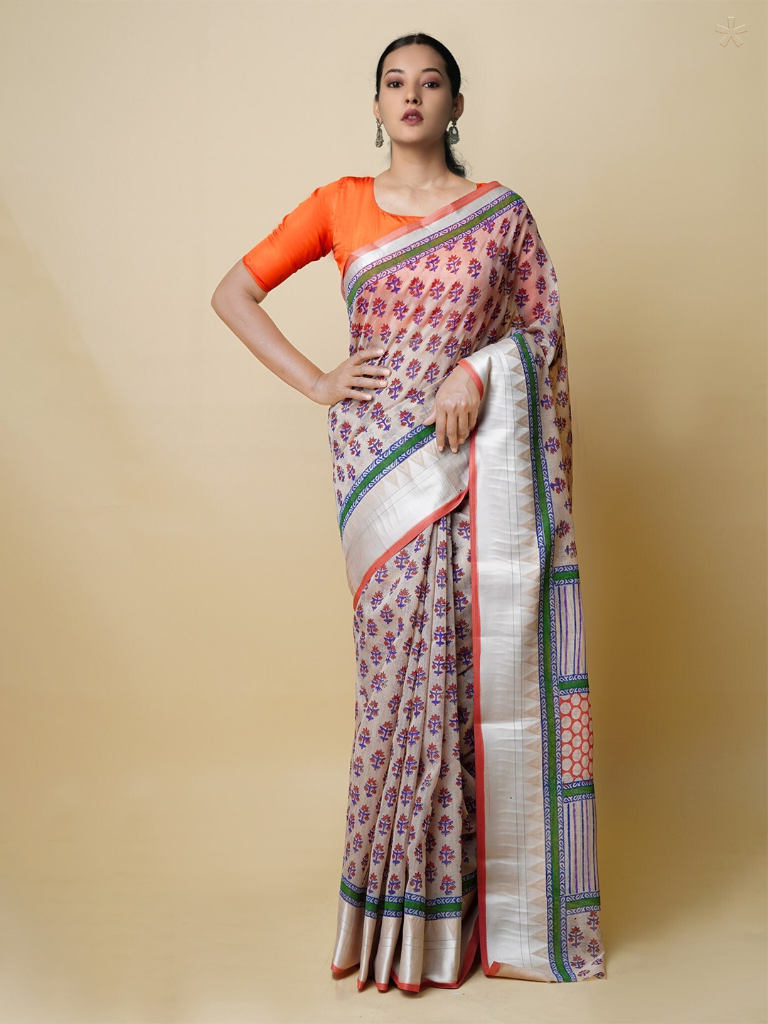 

Unnati Silks Floral Printed Zari Silk Cotton Chanderi Saree, White