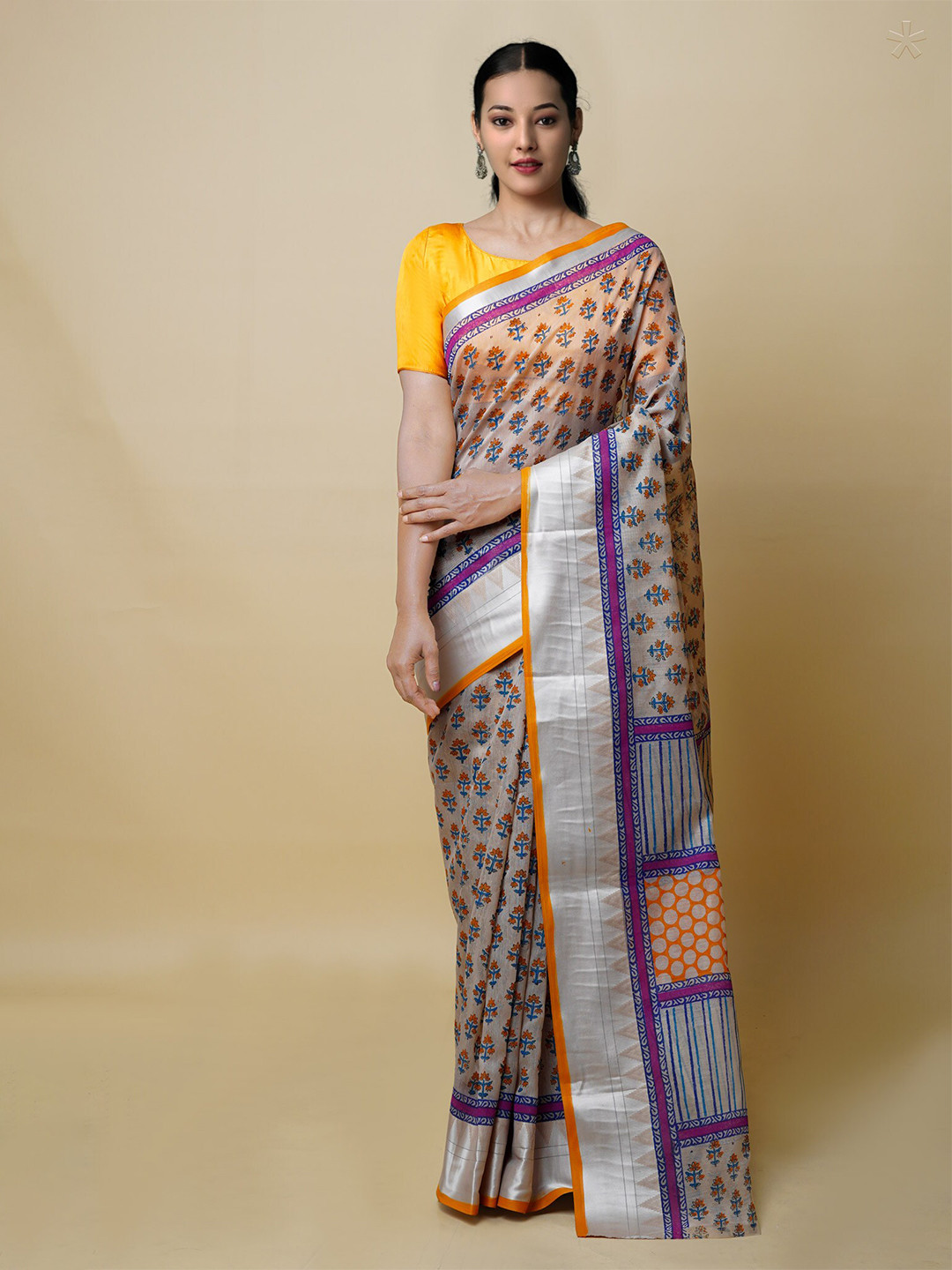

Unnati Silks Ethnic Motifs Printed Silk Cotton Handloom Chanderi Saree, Cream