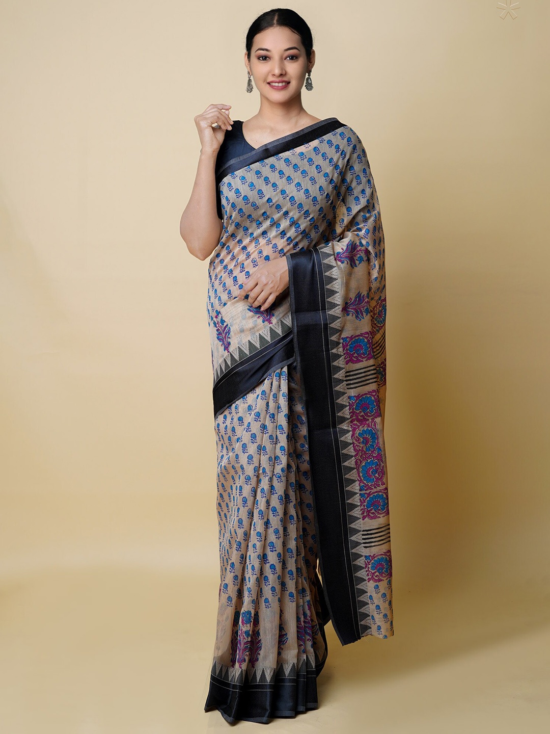 

Unnati Silks Ethnic Motifs Silk Cotton Chanderi Saree, Cream