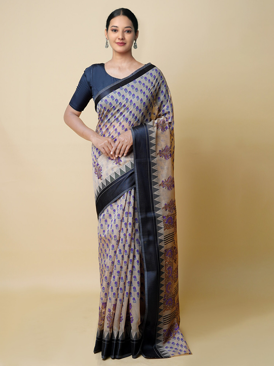 

Unnati Silks Ethnic Motifs SChanderi Saree, Cream