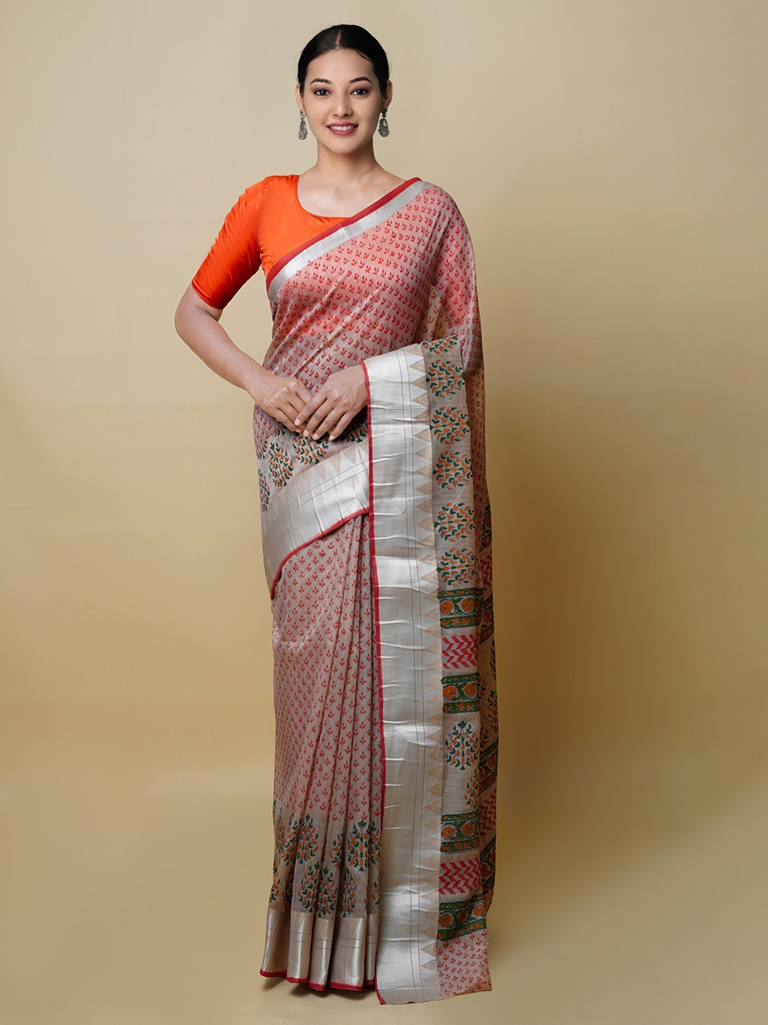

Unnati Silks Ethnic Motifs Silk Cotton Chanderi Saree, Cream