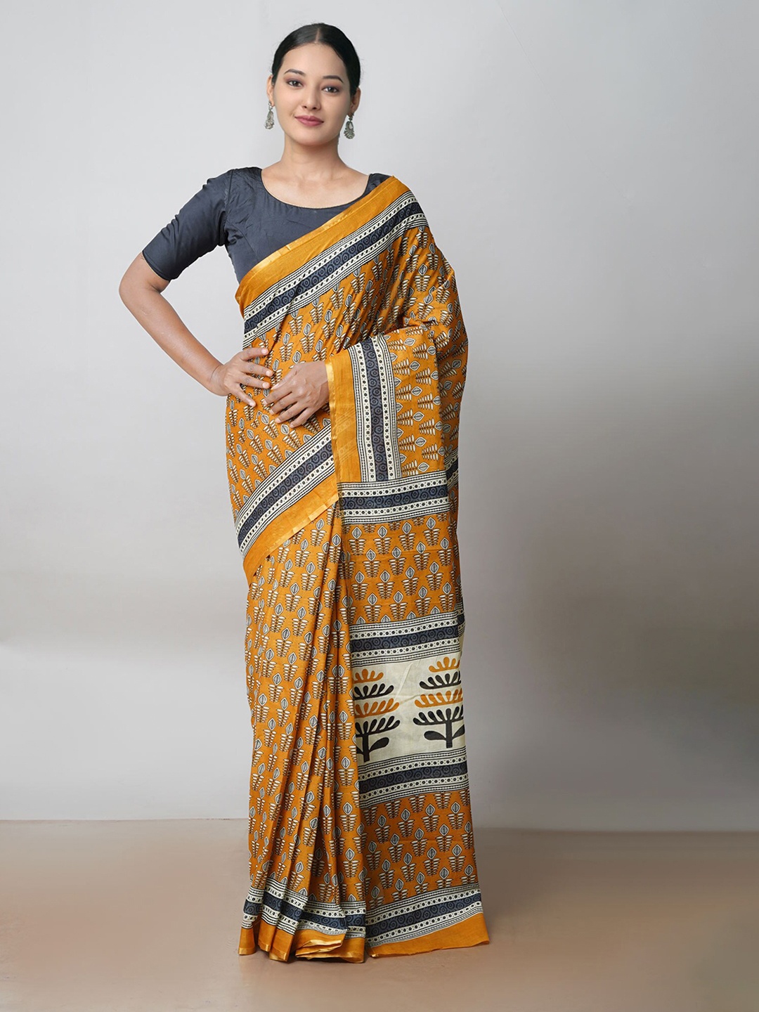 

Unnati Silks Ethnic Motifs Ajrakh Block Printed Zari Pure Cotton Saree, Yellow