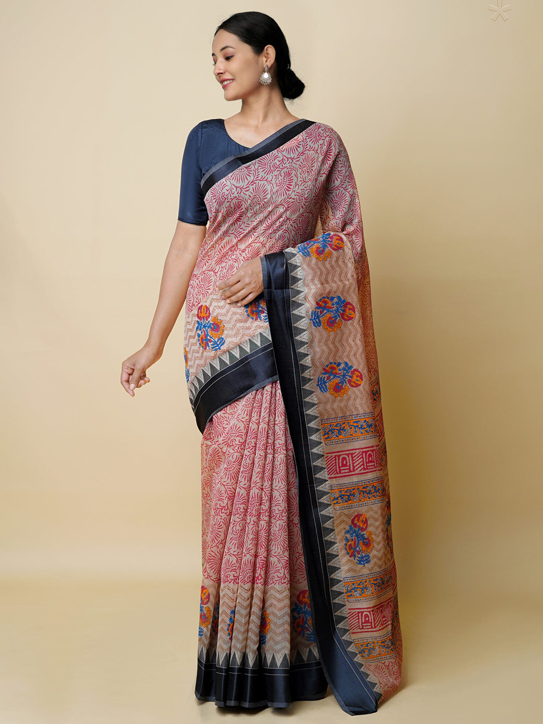 

Unnati Silks Ethnic Motifs Printed Silk Cotton Chanderi Saree, Cream