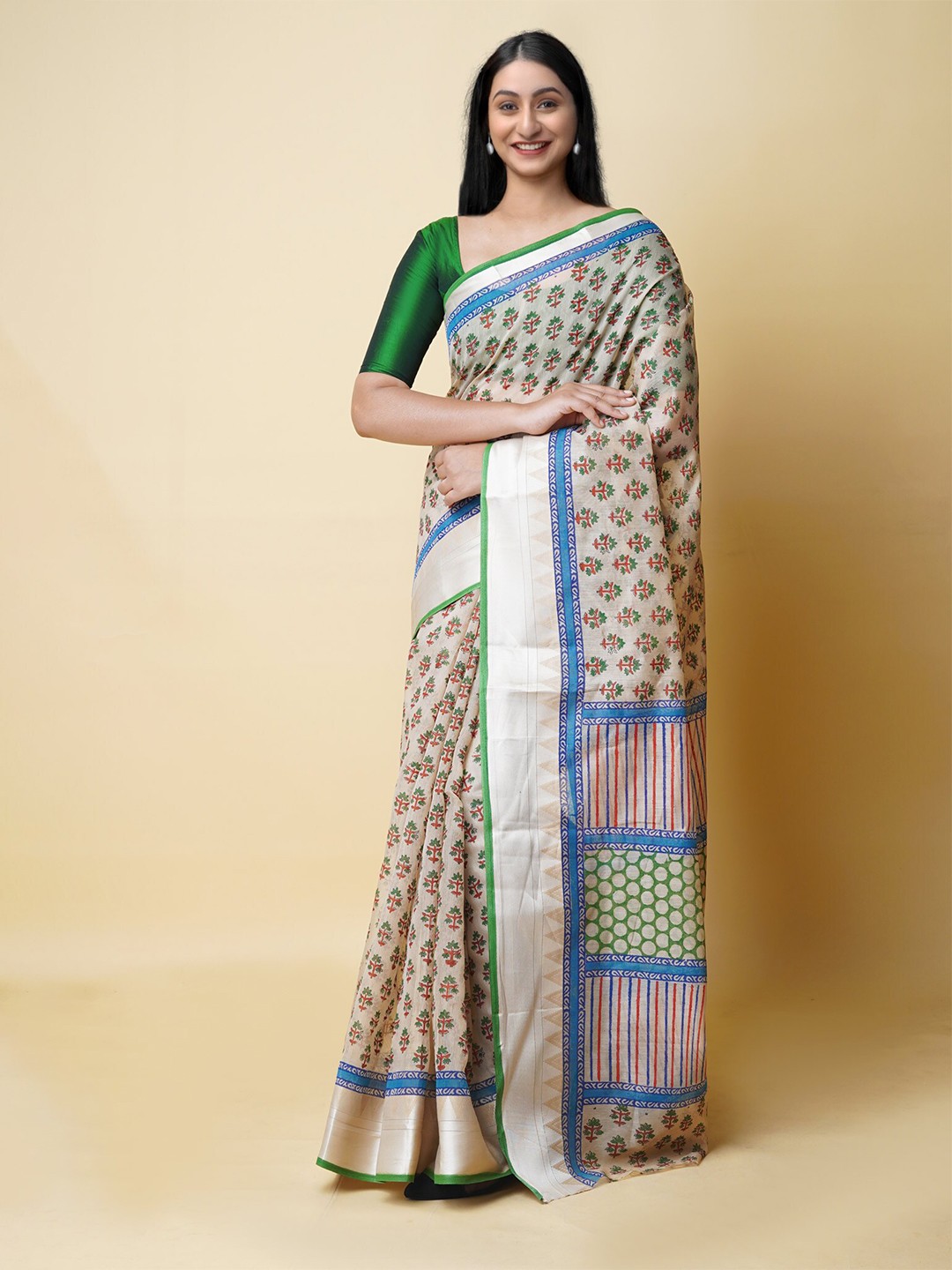 

Unnati Silks Ethnic Motifs Silk Cotton Chanderi Saree, Cream