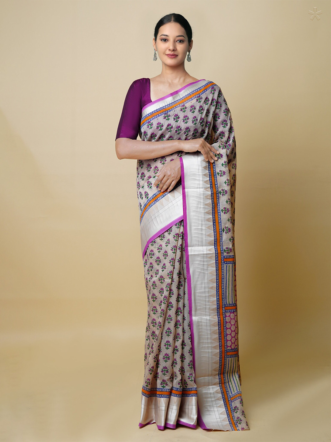 

Unnati Silks Ethnic Motifs Printed Silk Cotton Chanderi Saree, Cream