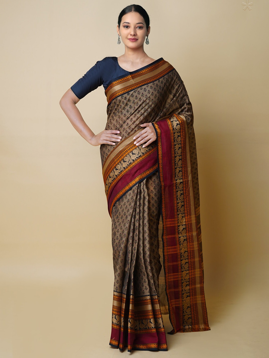 

Unnati Silks Ethnic Motifs Printed Zari Pure Cotton Chettinad Saree, Brown