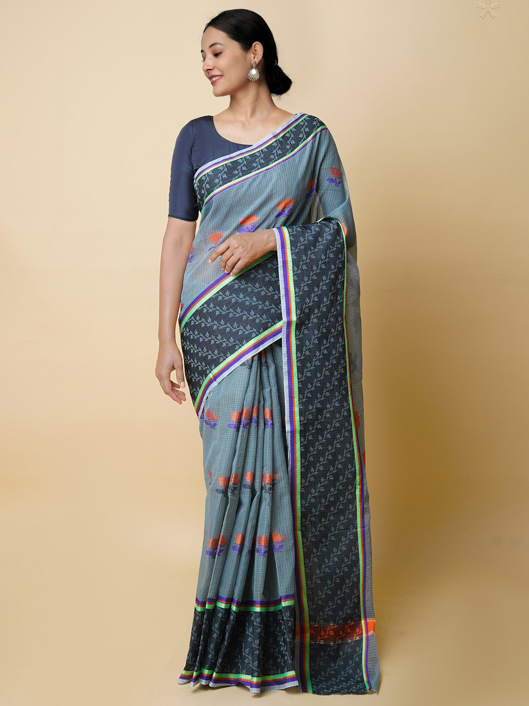 

Unnati Silks Floral Woven Design Zari Pure Cotton Kota Saree, Green