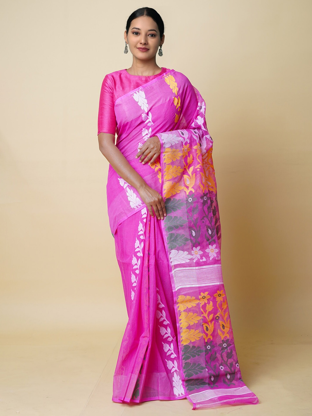 

Unnati Silks Ethnic Motifs Woven Design Jamdani Saree, Pink