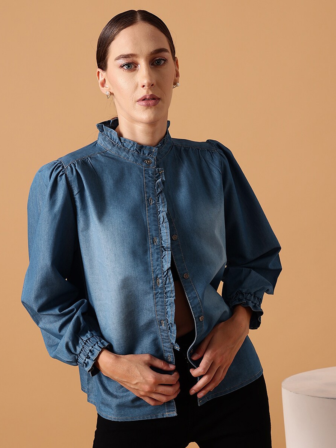 

STREET 9 Comfort Mandarin Collar Puff Sleeves Denim Casual Shirt, Blue