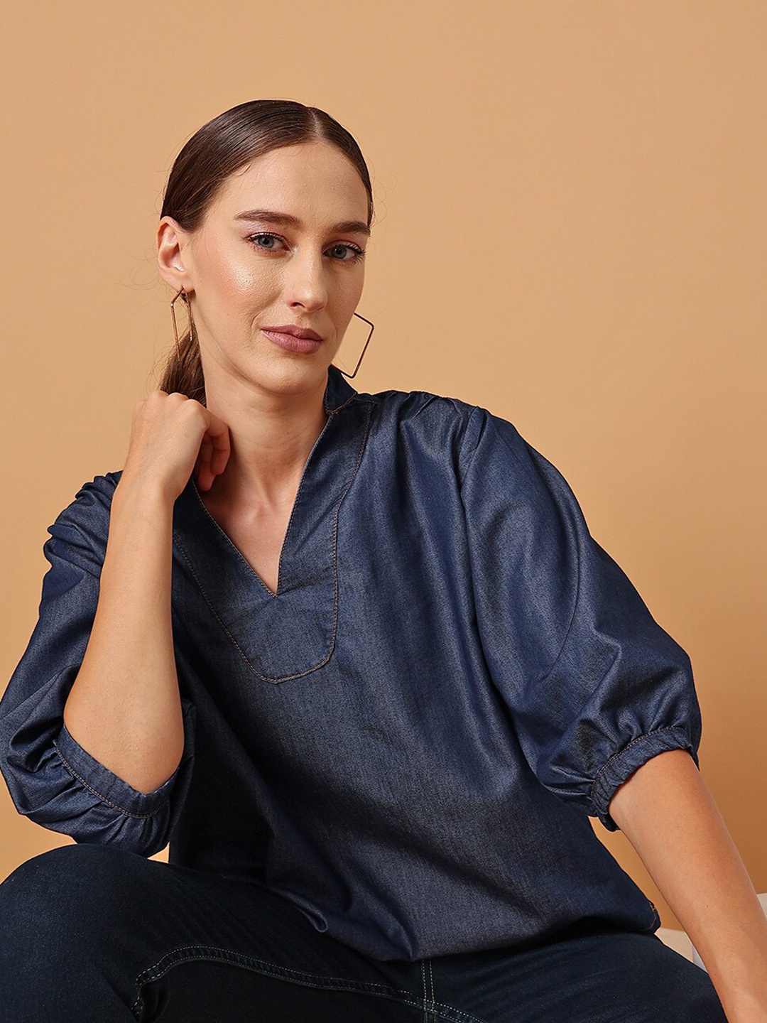 

STREET 9 Puff Sleeved Cotton Denim Top, Blue