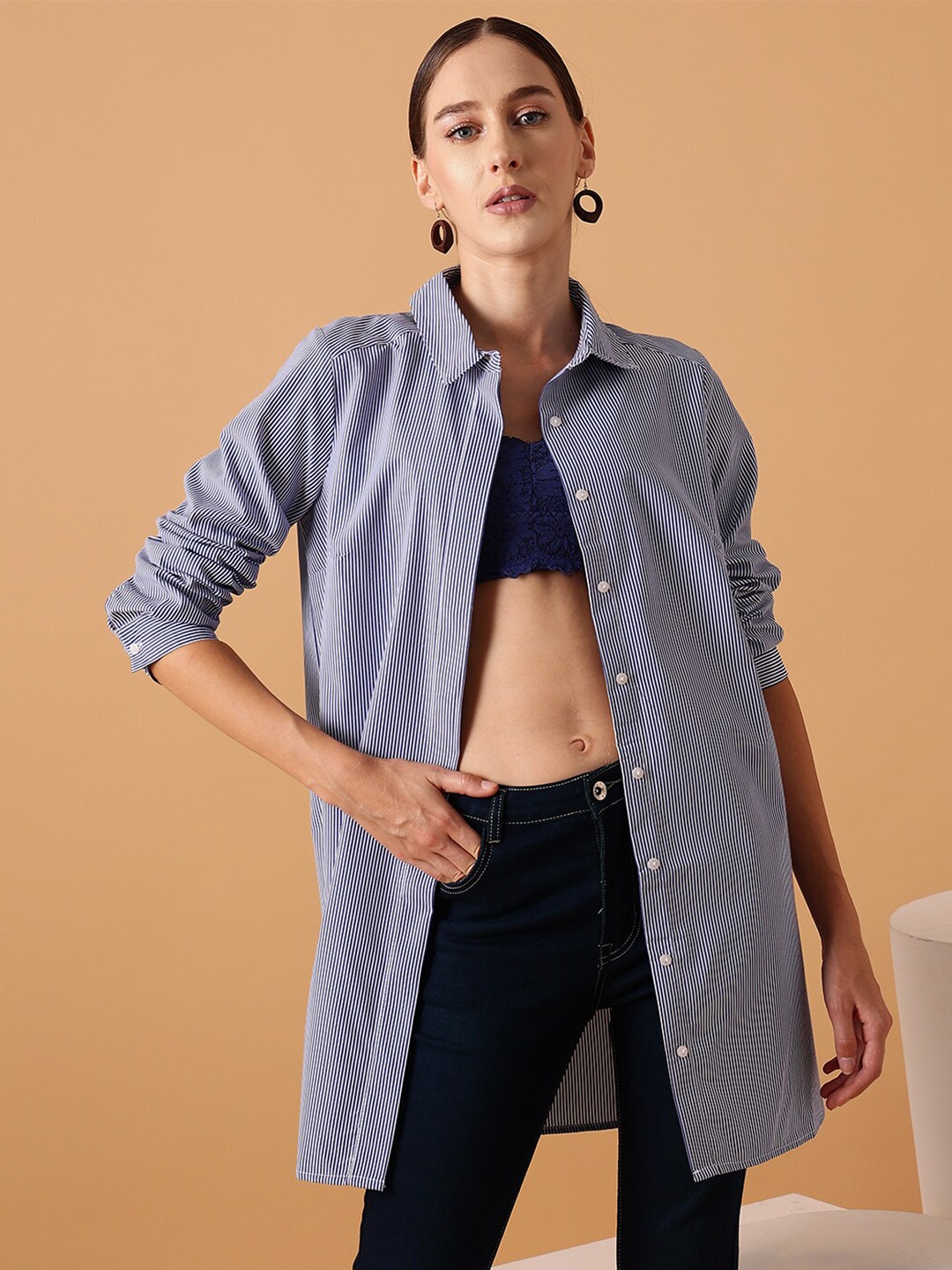 

STREET 9 Comfort Oversized Striped Long Sleeve Cotton Shirt, Blue