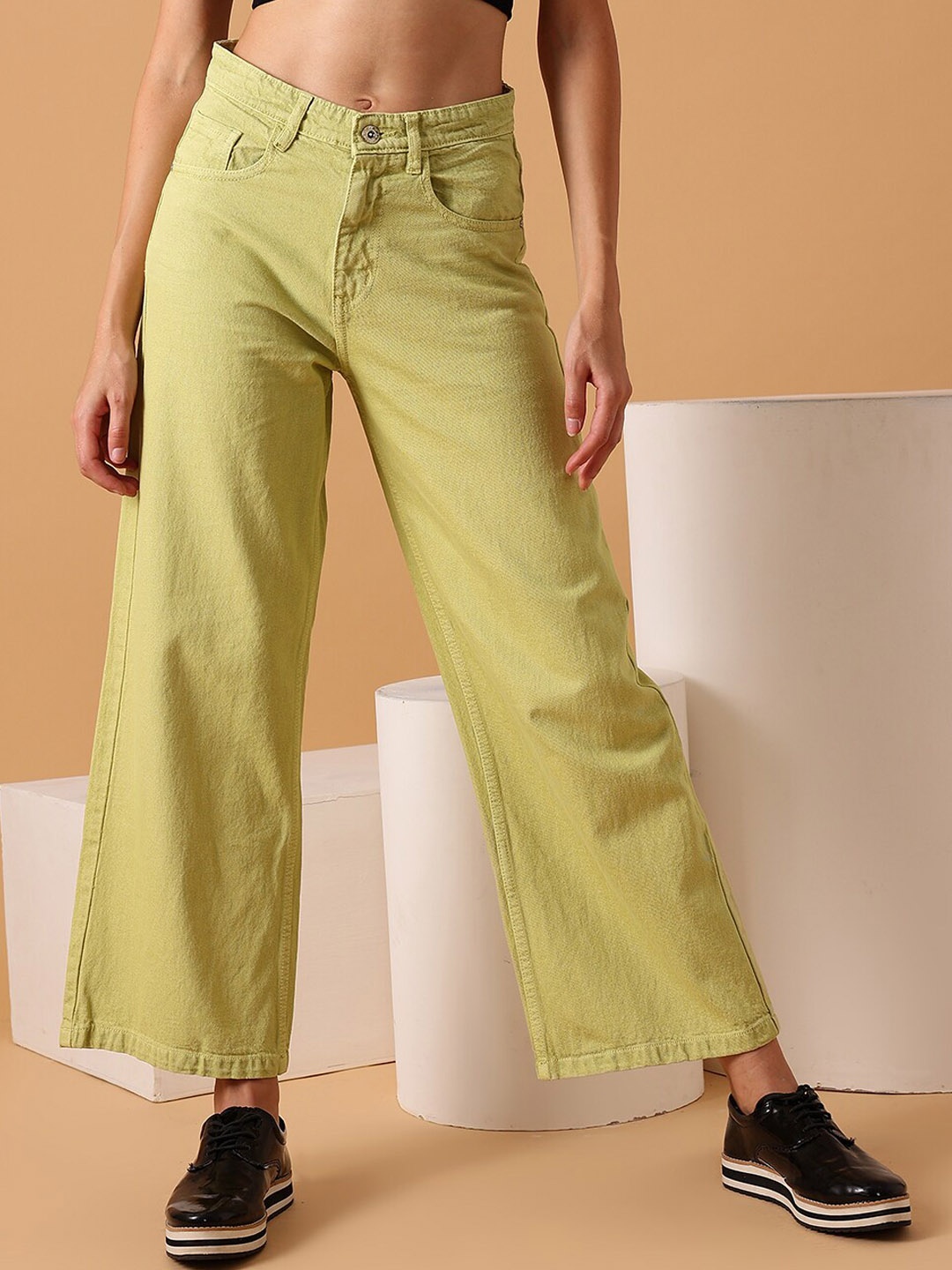

STREET 9 Women Comfort Wide Leg Clean Look Pure Cotton Jeans, Green